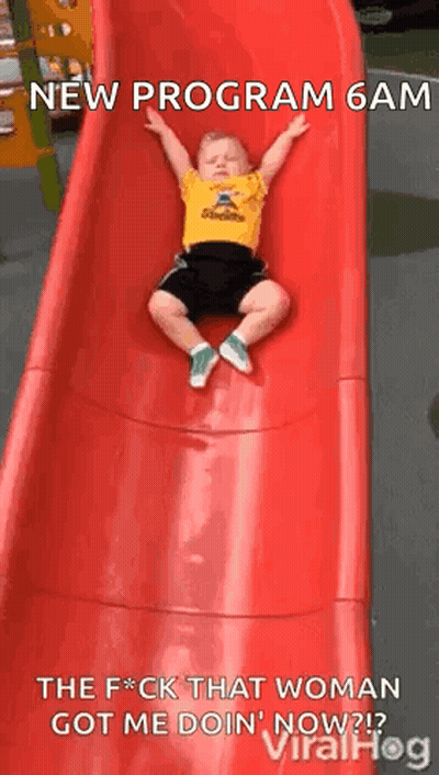 A Little Boy Is Sliding Down A Red Slide With A Caption That Says New Program 6Am GIF