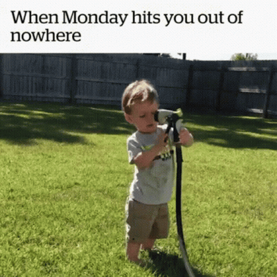 A Little Boy Is Standing In The Grass Holding A Hose . GIF