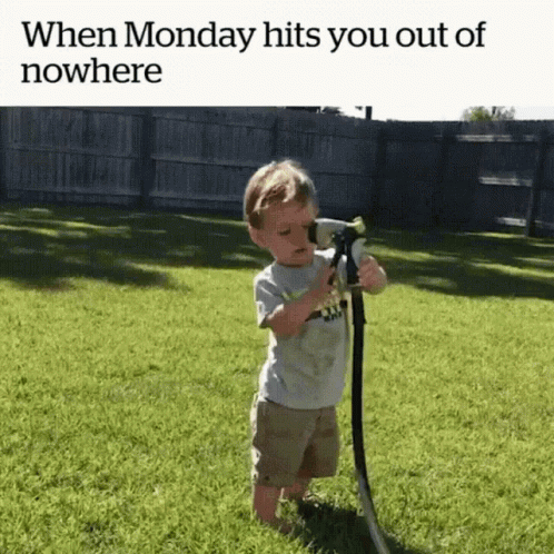 A Little Boy Is Standing In The Grass Holding A Hose With A Caption That Says When Monday Hits You Out Of Nowhere GIF