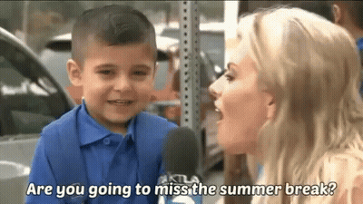 A Little Boy Is Talking Into A Microphone While A Woman Says " Are You Going To Miss The Summer Break " GIF