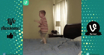 A Little Boy Jumping On A Bed With The Words Life Awesome On The Bottom GIF