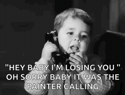 A Little Boy Talking On A Telephone With The Words " Hey Baby I 'M Losing You " GIF