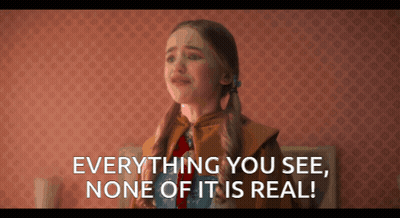 A Little Girl Crying With The Words " Everything You See None Of It Is Real " Behind Her GIF