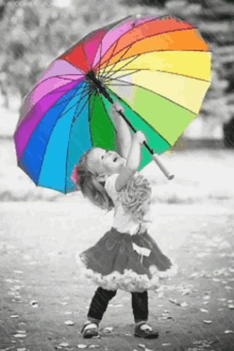 A Little Girl Holding A Rainbow Colored Umbrella GIF