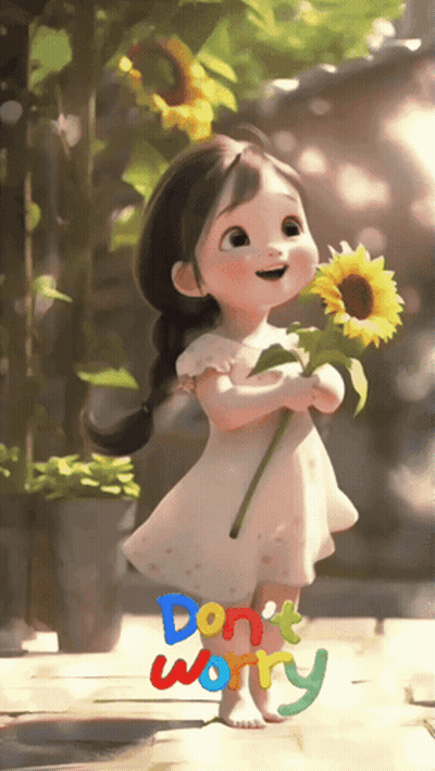A Little Girl Holding A Sunflower With The Words " Do N't Worry " Written Below Her GIF