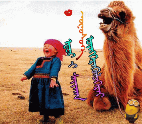 A Little Girl In A Blue Dress Stands Next To A Camel With Foreign Writing On It GIF