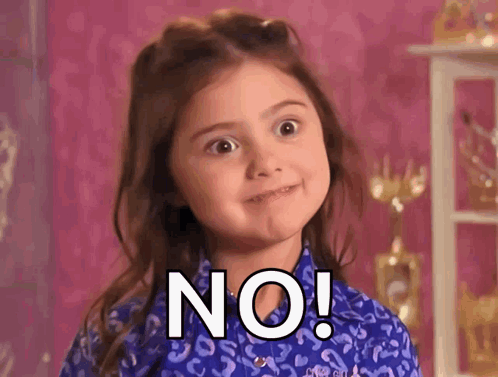 A Little Girl In A Blue Shirt Is Making A Face And Saying No . GIF