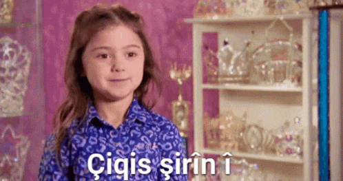 A Little Girl In A Blue Shirt Is Standing In Front Of A Shelf With A Lot Of Jewelry On It . GIF