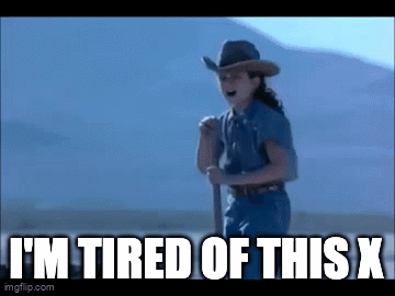 A Little Girl In A Cowboy Hat Is Holding A Stick And Says `` I 'M Tired Of This X '' GIF