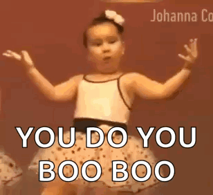 A Little Girl In A Dress Is Dancing And Says `` You Do You Boo Boo '' . GIF