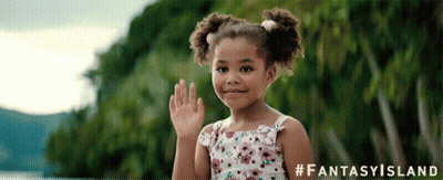 A Little Girl In A Floral Dress Is Waving Her Hand In Front Of A Fantasy Island Logo GIF