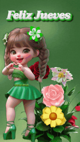 A Little Girl In A Green Dress Is Surrounded By Flowers And The Words Feliz Jueves Above Her GIF