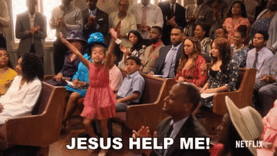 A Little Girl In A Pink Dress Is Dancing In A Church With The Words Jesus Help Me Written On The Bottom GIF