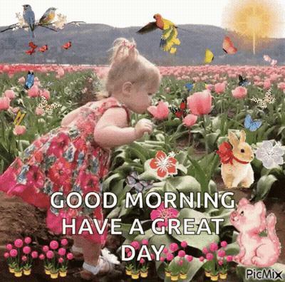 A Little Girl In A Pink Dress Is Standing In A Field Of Flowers With Butterflies And Birds . GIF