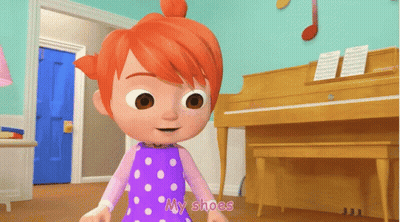 A Little Girl In A Polka Dot Dress Is Standing In Front Of A Piano And The Words " My Shoes " Are Above Her GIF
