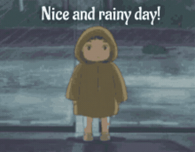 A Little Girl In A Raincoat Stands In The Rain With The Words Nice And Rainy Day Below Her GIF