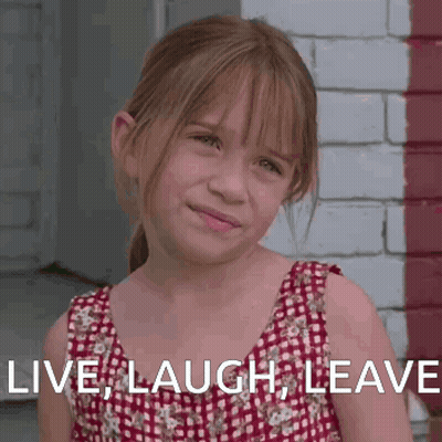 A Little Girl In A Red Dress With The Words Live Laugh Leave Below Her GIF