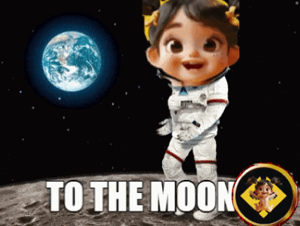 A Little Girl In A Space Suit Is Standing On The Moon With The Words To The Moon Below Her GIF