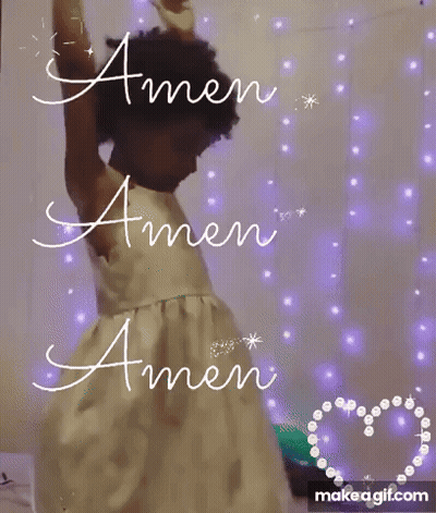 A Little Girl In A White Dress Is Standing With Her Arms Outstretched And Says Amen . GIF