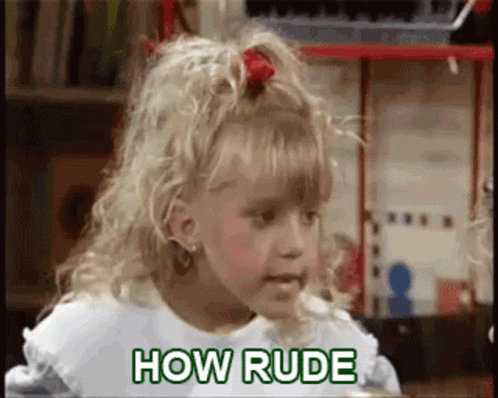 A Little Girl In A White Dress Says How Rude In Green Letters GIF