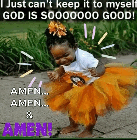 A Little Girl In An Orange Tutu Is Standing On A Sidewalk And Praying . GIF