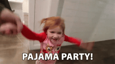 A Little Girl In Pajamas Is Running In A Room With The Words Pajama Party . GIF
