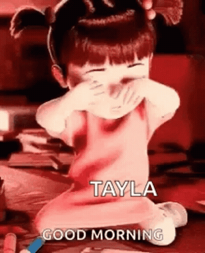 A Little Girl Is Covering Her Face With Her Hands And Says `` Good Morning `` . GIF