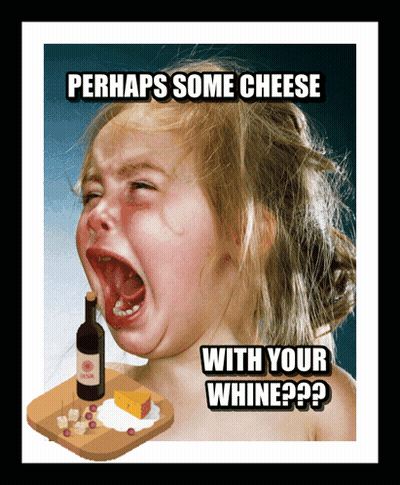 A Little Girl Is Crying With A Bottle Of Wine And Cheese On A Cutting Board With The Caption Perhaps Some Cheese With Yo GIF