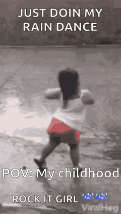A Little Girl Is Dancing In The Rain On A Wet Sidewalk . GIF
