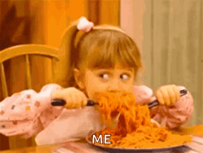 A Little Girl Is Eating Spaghetti With A Fork And Knife And Says Me On The Plate GIF