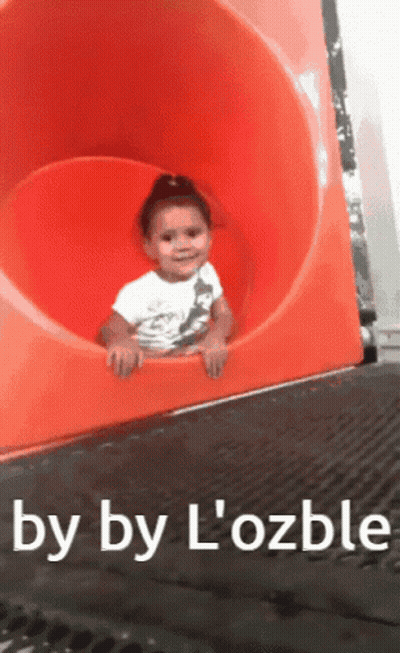 A Little Girl Is Going Down An Orange Slide With The Words By By L' Ozble Below Her GIF