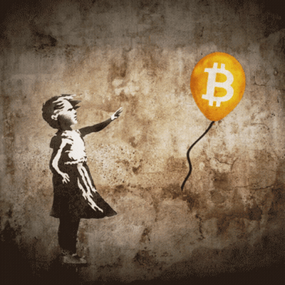 A Little Girl Is Holding A Balloon With A Bitcoin Symbol On It GIF