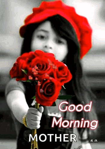 A Little Girl Is Holding A Bouquet Of Red Roses And Says Good Morning Mother GIF