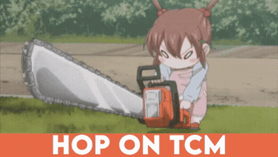 A Little Girl Is Holding A Chainsaw With The Words Hop On Tcm Below It GIF