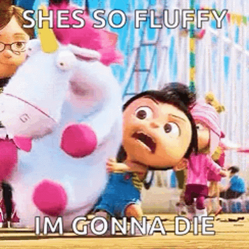 A Little Girl Is Holding A Stuffed Unicorn And A Stuffed Unicorn From The Movie Despicable Me . GIF