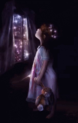 A Little Girl Is Holding A Teddy Bear And Looking Out A Window At The Stars GIF