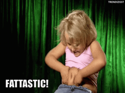 A Little Girl Is Holding Her Stomach And Says " Fattastic " On The Bottom Right GIF