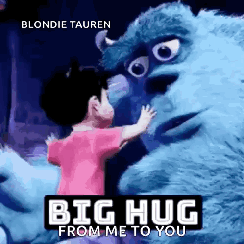 A Little Girl Is Hugging A Blue Monster From Monsters Inc GIF