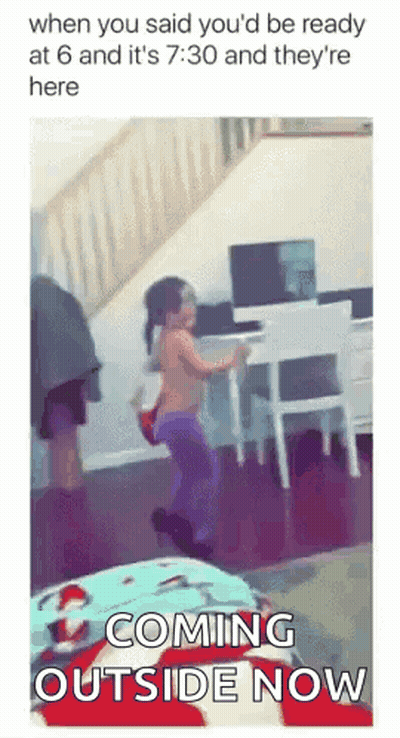 A Little Girl Is Jumping In The Air In A Living Room With The Words Coming Outside Now . GIF