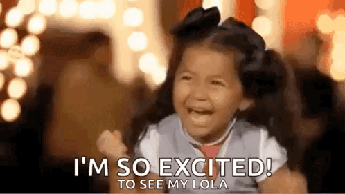 A Little Girl Is Laughing And Saying `` I 'M So Excited To See My Lola '' GIF