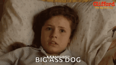 A Little Girl Is Laying On A Bed With A Pillow And The Words Big Ass Dog On The Bottom GIF
