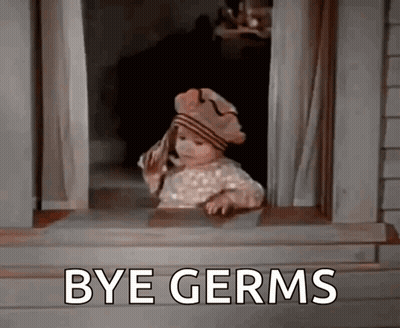 A Little Girl Is Looking Out Of A Window With The Words `` Bye Germs '' Written On It . GIF