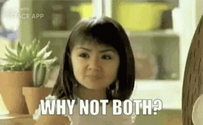 A Little Girl Is Making A Funny Face And Asking Why Not Both ? GIF