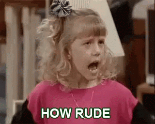 A Little Girl Is Making A Funny Face And Saying `` How Rude '' With Her Mouth Open . GIF