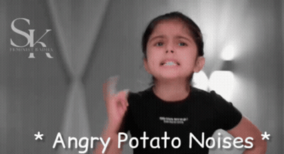 A Little Girl Is Making A Funny Face With The Words Angry Potato Noises Behind Her GIF