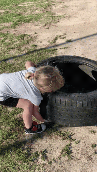A Little Girl Is Playing With A Tire In A Field GIF