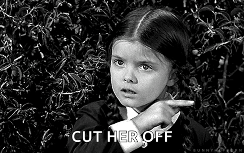 A Little Girl Is Pointing At Something In A Black And White Photo And Says `` Cut Her Off '' . GIF