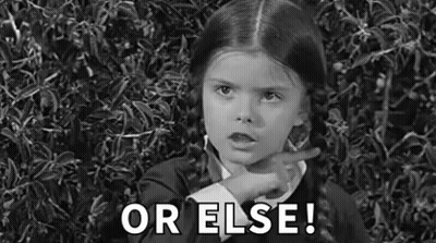 A Little Girl Is Pointing At Something In A Black And White Photo And Says `` Or Else ! '' GIF