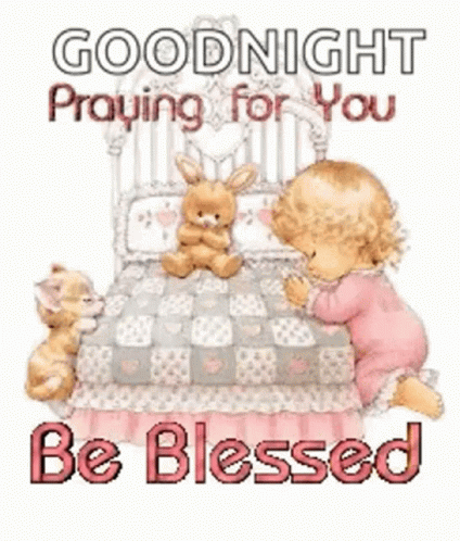 A Little Girl Is Praying In Front Of A Bed With A Bunny And A Cat . GIF