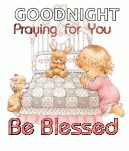 A Little Girl Is Praying In Front Of A Bed With A Bunny And A Kitten . GIF